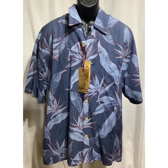 NWT Jamaica Jaxx Silk Hawaiian Shirt  XXL 2-Tone Blue & Red Outline Floral Print - Picture 1 of 7